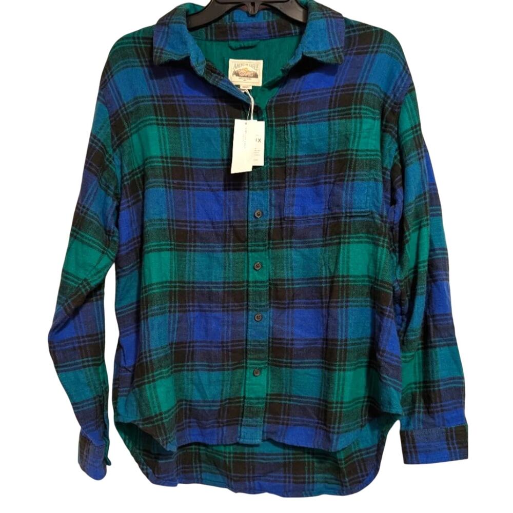 American Eagle Cotton Button Up Flannel Oversized Size XS Blue Green